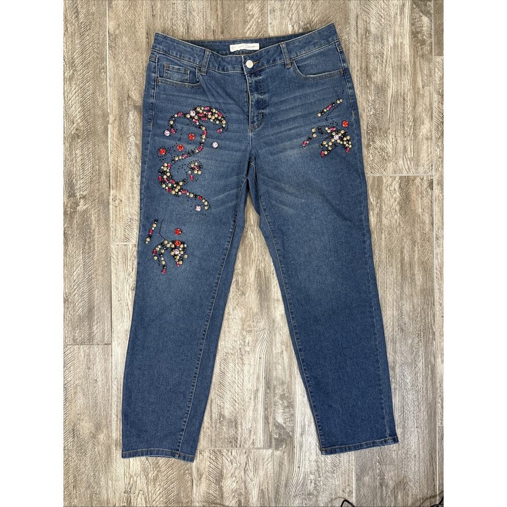 Y2K Rhinestone Embellished Jeans Mid-Rise 14 Bling Floral Sparkle Denim